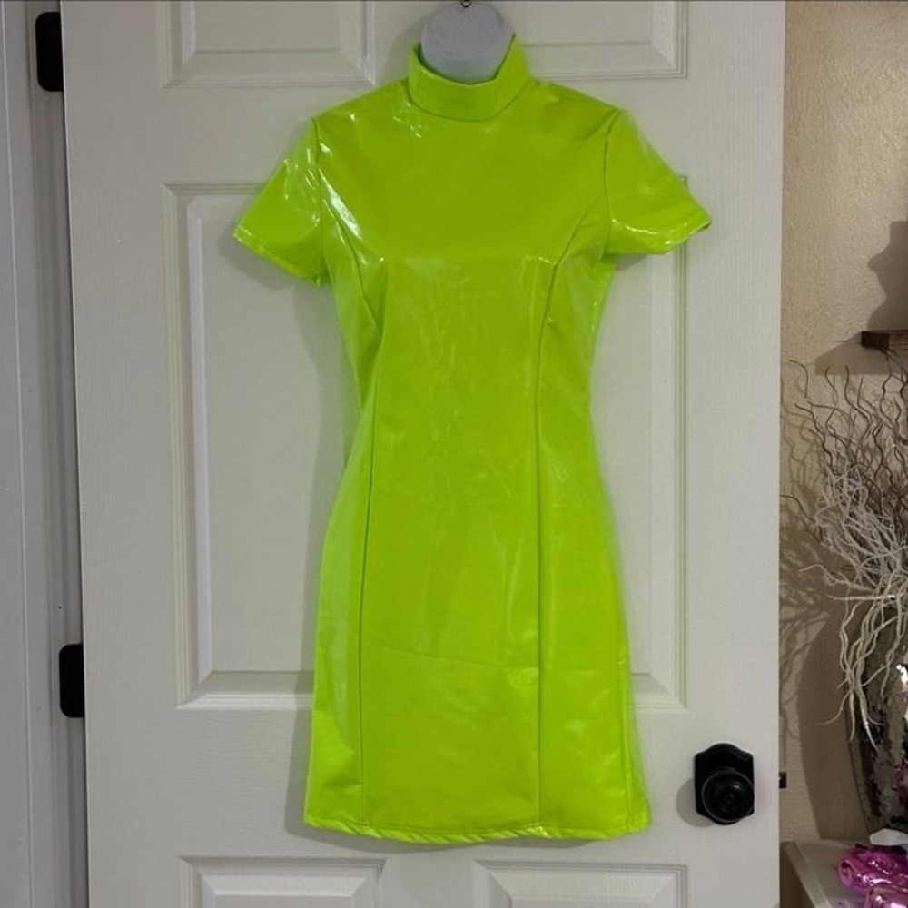 Neon Lime Green Faux Leather Vinyl Mock Neck Bodycon Mini Dress Short Sleeve
